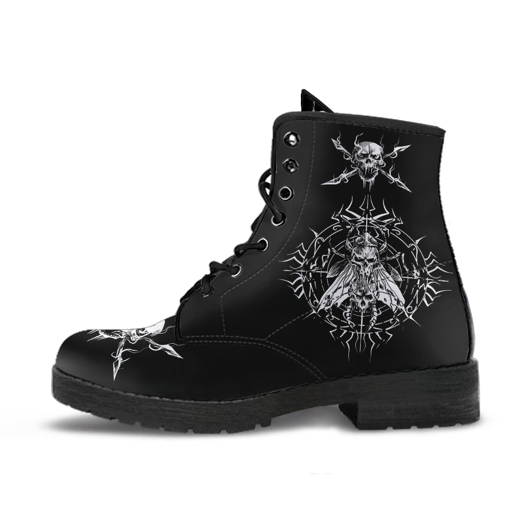 Skull Goth Fly Leather Boots Small Fly Version Black And White