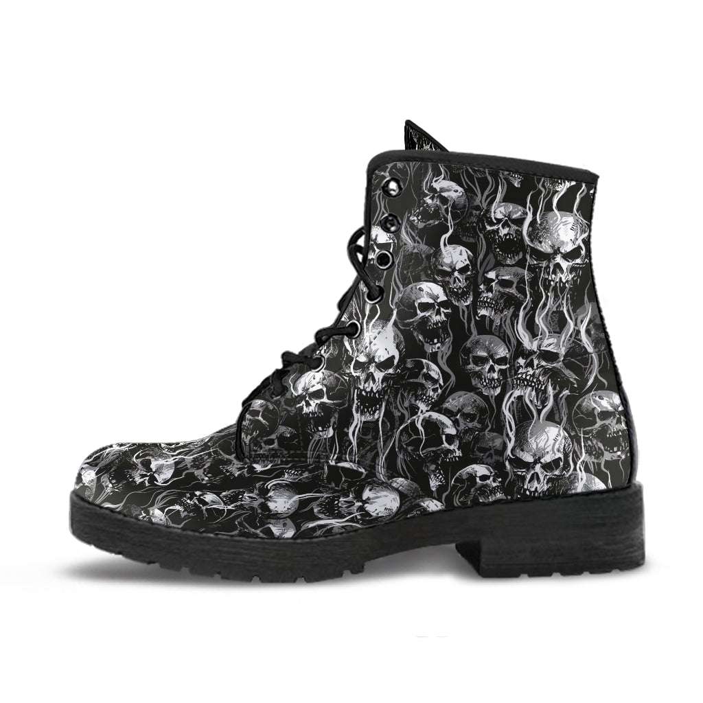 New Skull Smoke Design! Handcrafted Leather Boots New Black And White Texture