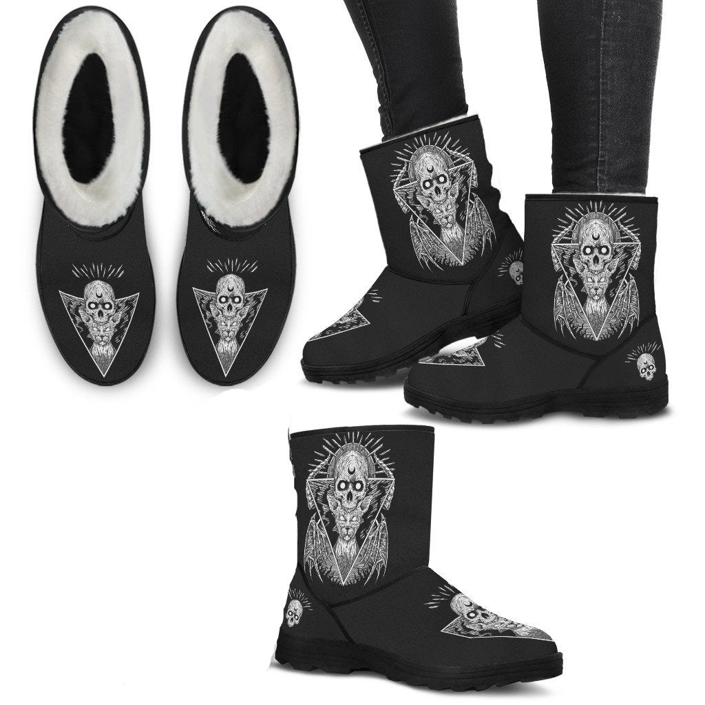 Skull Goth occult Cat handcrafted Faux Fur Boots Black And White Version