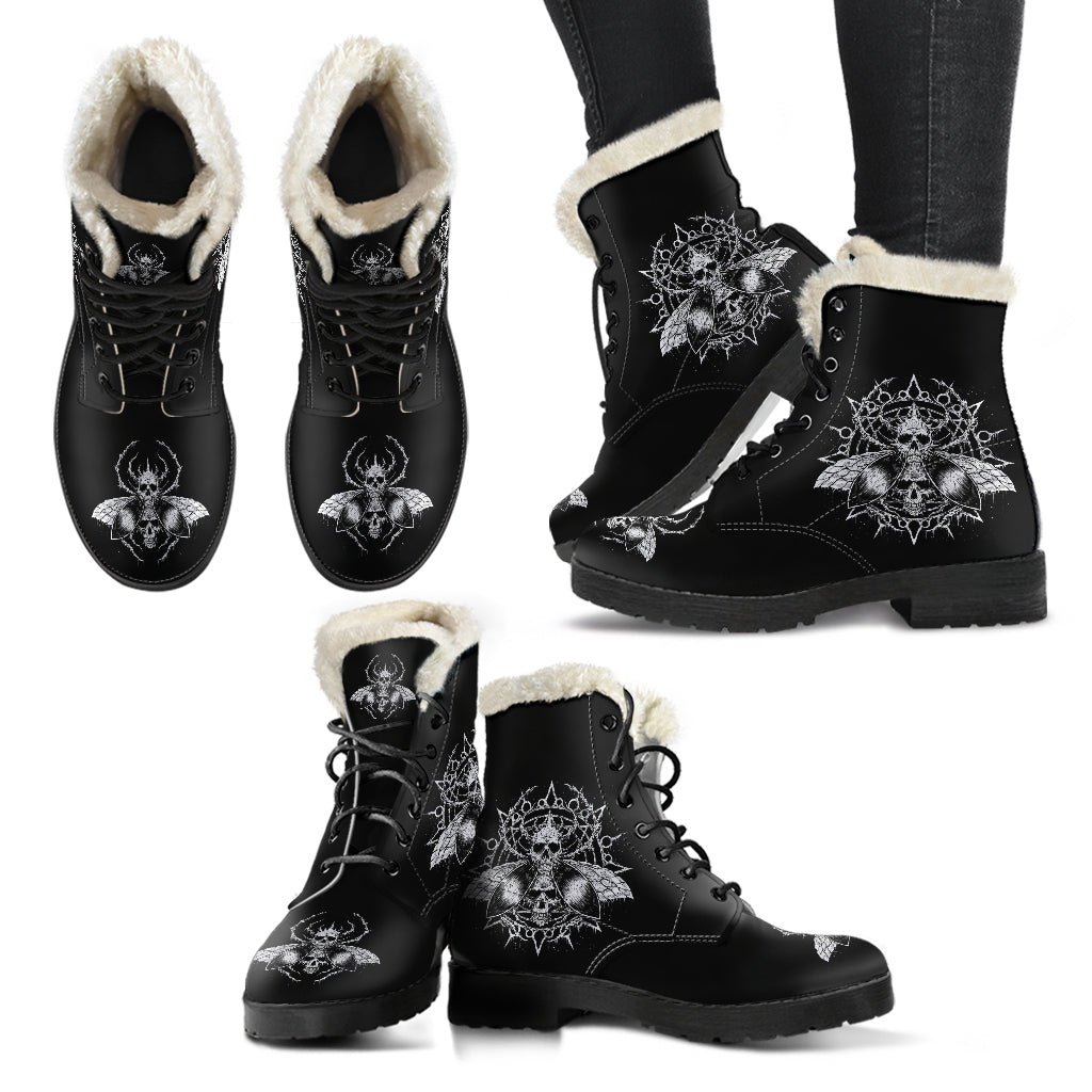 Skull Goth Fly Part 2 Faux Fur Handcrafted Leather Boots