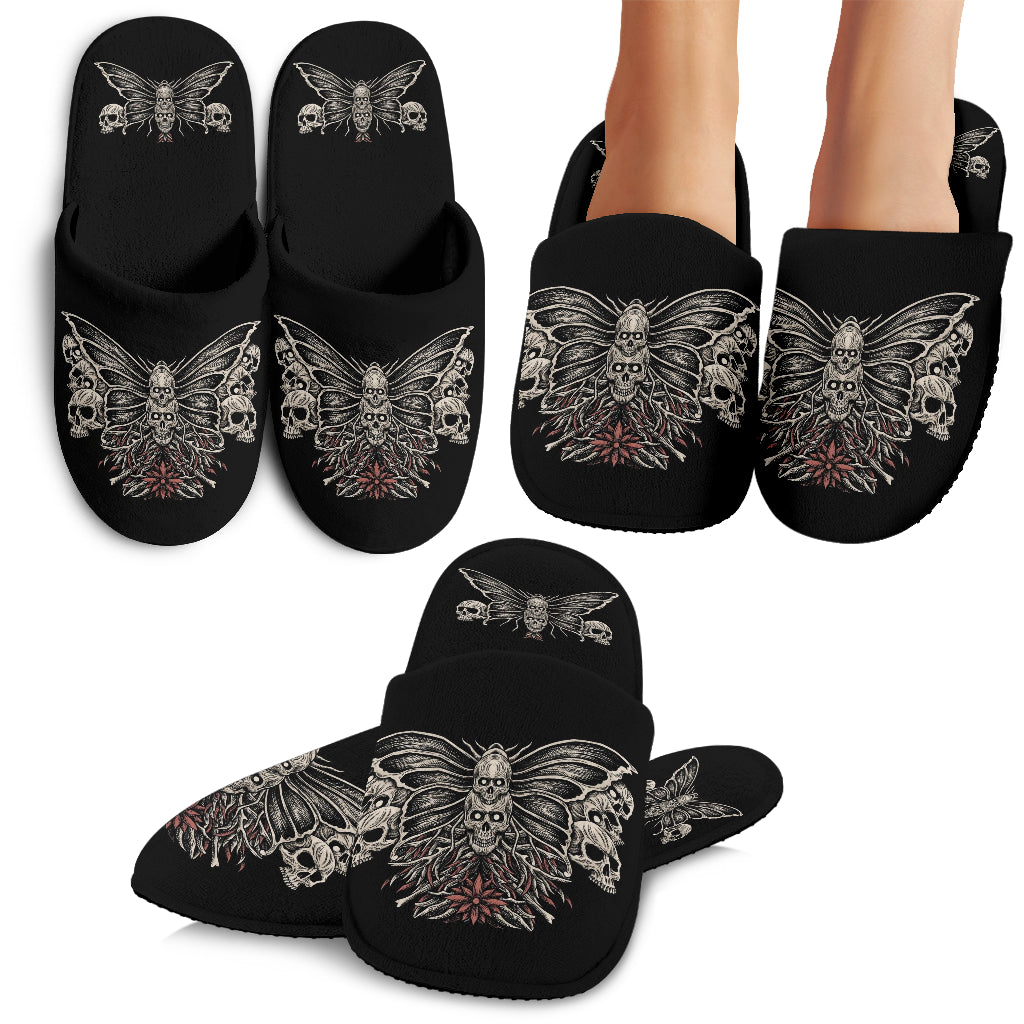 Skull Moth Goth Occult Cozy House Slippers Color Version