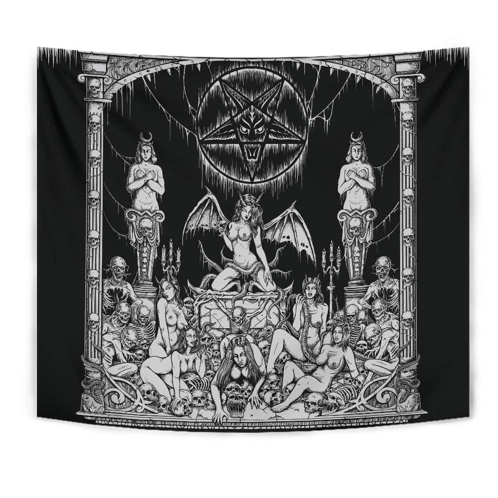 Satanic Pentagram Skull Sexy Winged Demon Welcome To Hell's Pearly Pleasure Gates Large Wall Decoration Tapestry Darker