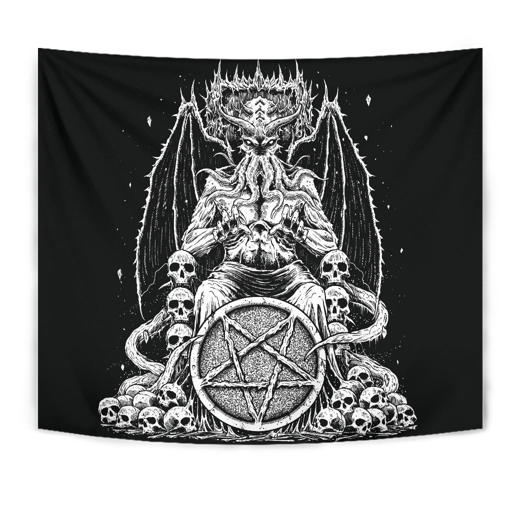 Skull Satanic Pentagram Demon Bat Wing Octopus Skull Throne Large Wall Decoration Tapestry