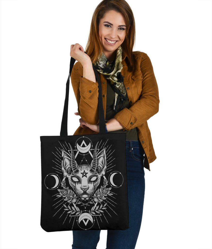 Gothic Occult Black Cat Unique Sphinx Style Large Tote Bag Awesome Demonic White Eye Version