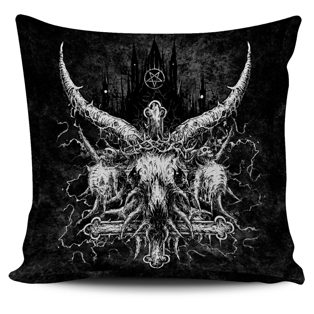 Skull Satanic Crowned Goat Satanic Cross Satanic Pentagram Night Church Pillow Cover White Version