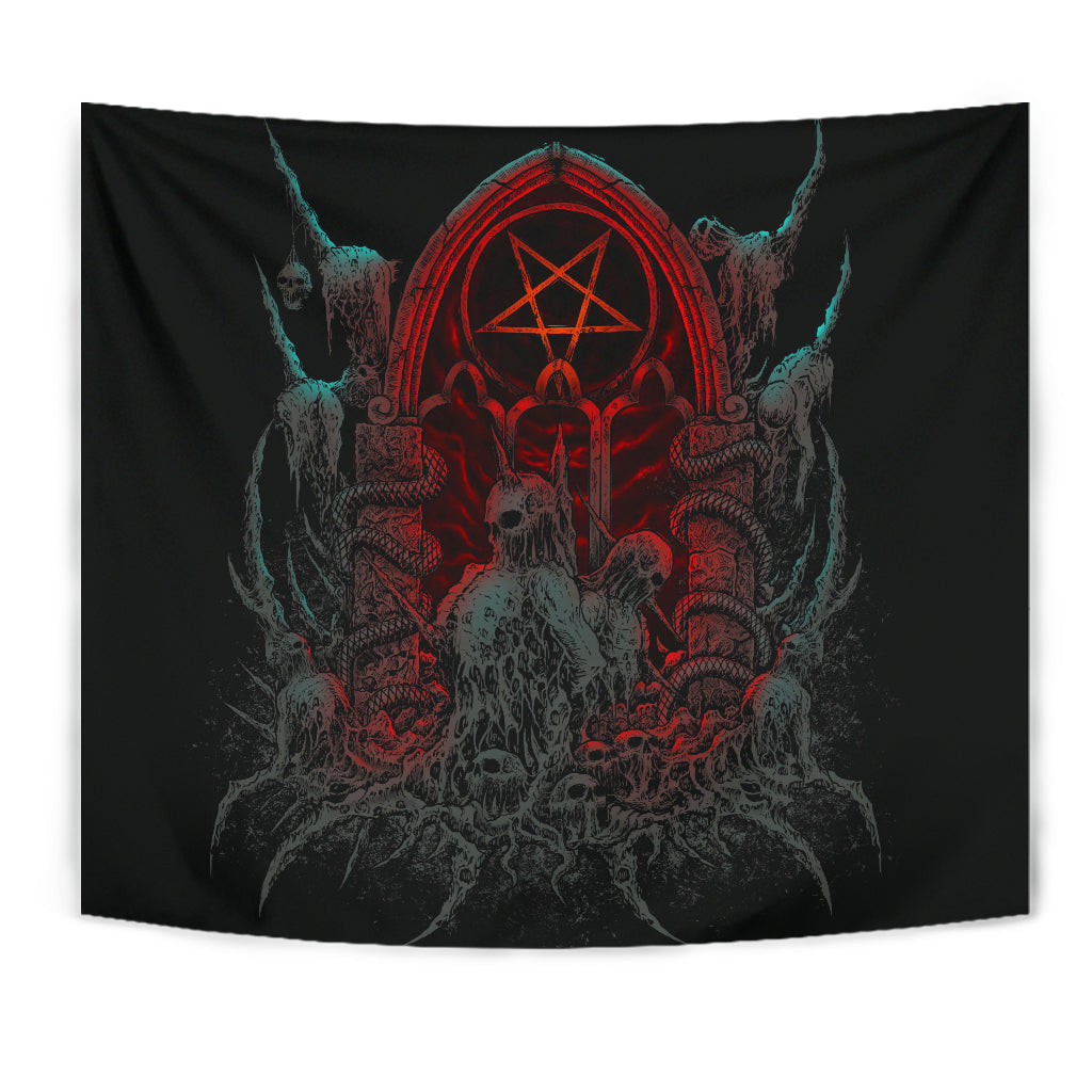 Skull Skeleton Satanic Pentagram Shrine Large Wall Tapestry Color Version