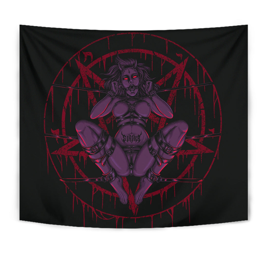 Skull Demon Satanic Baphomet Goat Satanic Pentagram Chained To Sin And Lovin It Large Wall Decoration Tapestry Awesome Purple Red