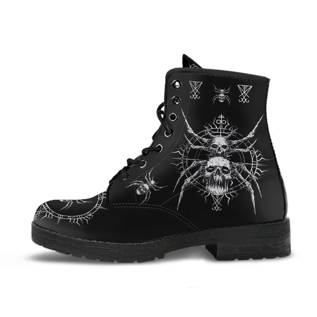 skull goth Satanic spider Leather Boots Black And White