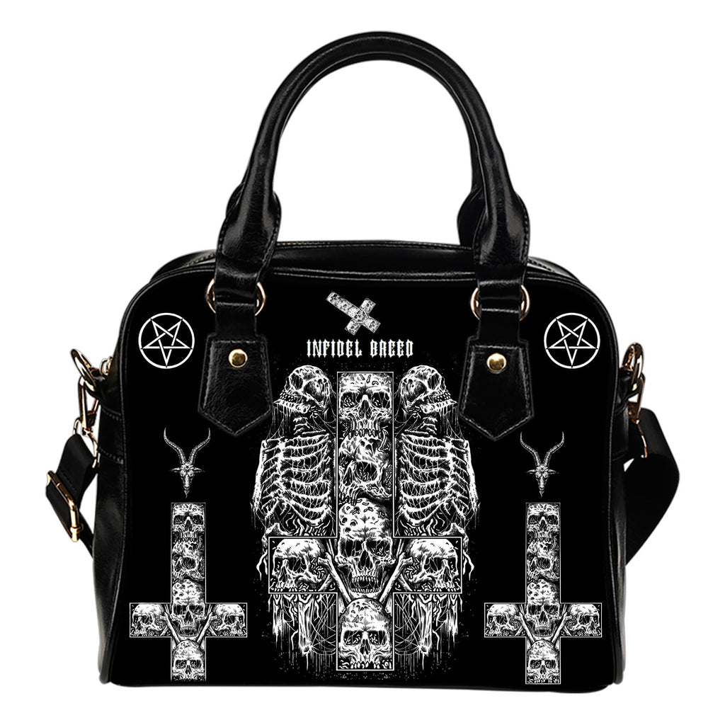 Satanic Skull Inverted Cross Inverted Pentagram With Pentagram Goat Head Premium Leather Handbag