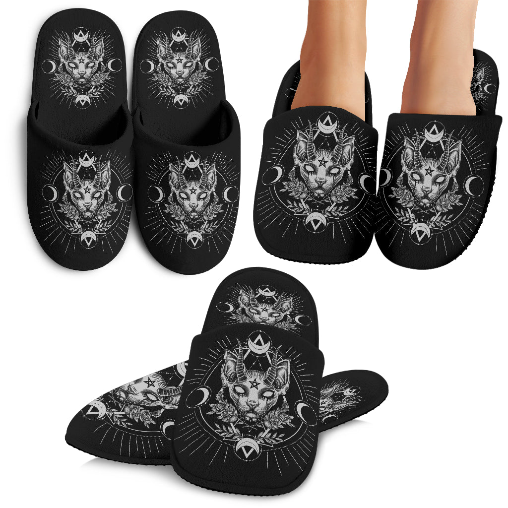 Gothic Occult Black Cat Unique Sphinx Style Cozy Slippers Black And White Awesome Demonic White Eye