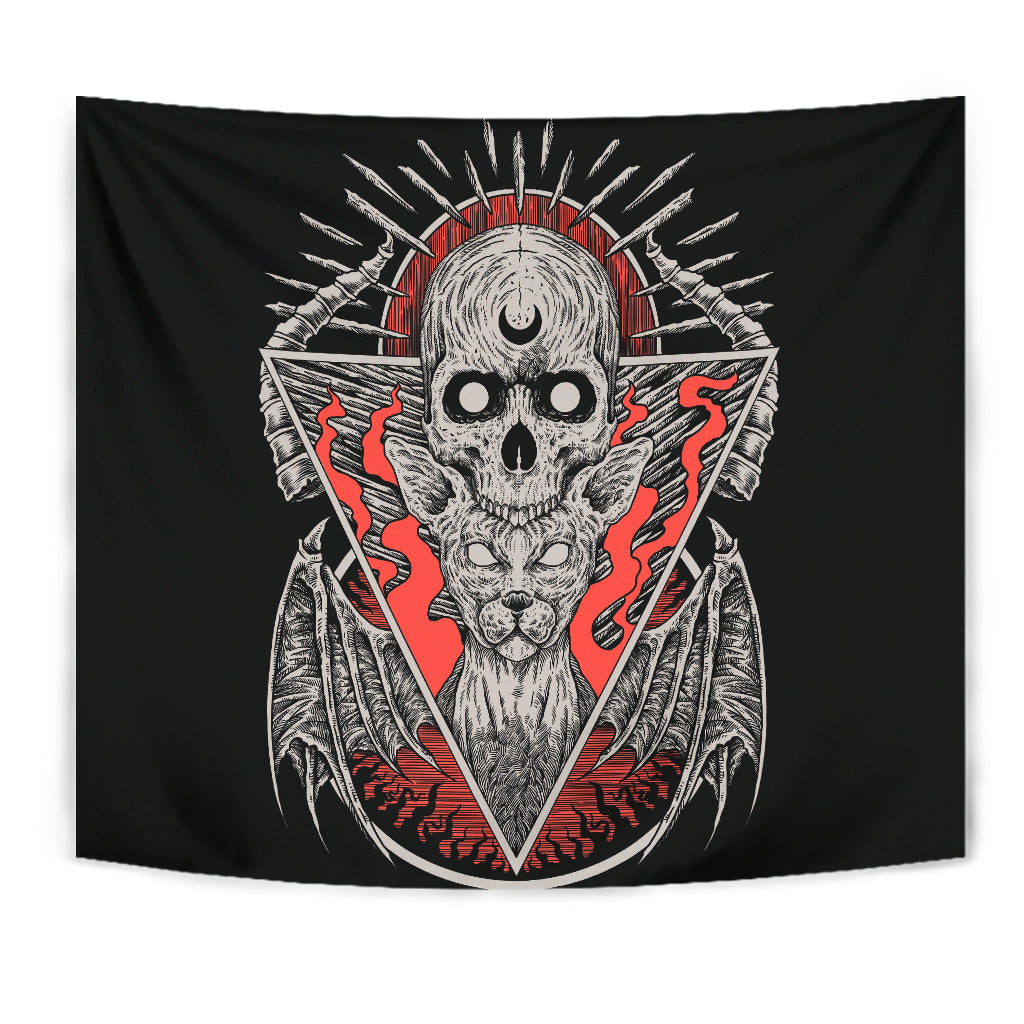 Skull Gothic Cat Bat Wing Large Tapestry Color Version