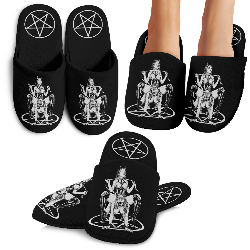 Satanic Pentagram Satanic Cross Demon Erotic Cozy House Slippers Black And White