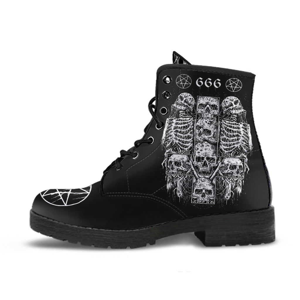 Skull Satanic Cross Satanic Pentagram 666 Leather Boots