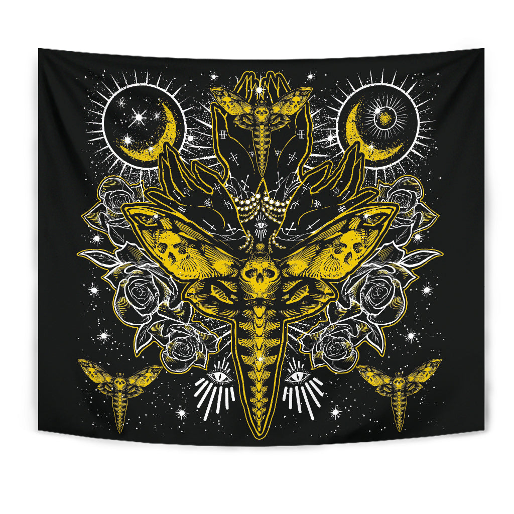 Skull Moth Secret Society Occult Style Large Wall Decoration Tapestry Black And White Yellow