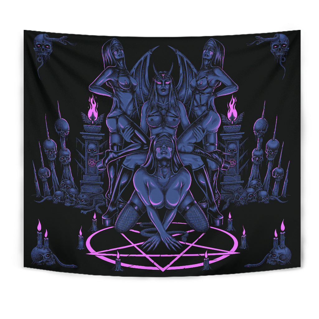 Skull Satanic Pentagram Serpent Impaled Erotic Demon Foursome Large Wall Decoration Tapestry Sexy Blue Pink