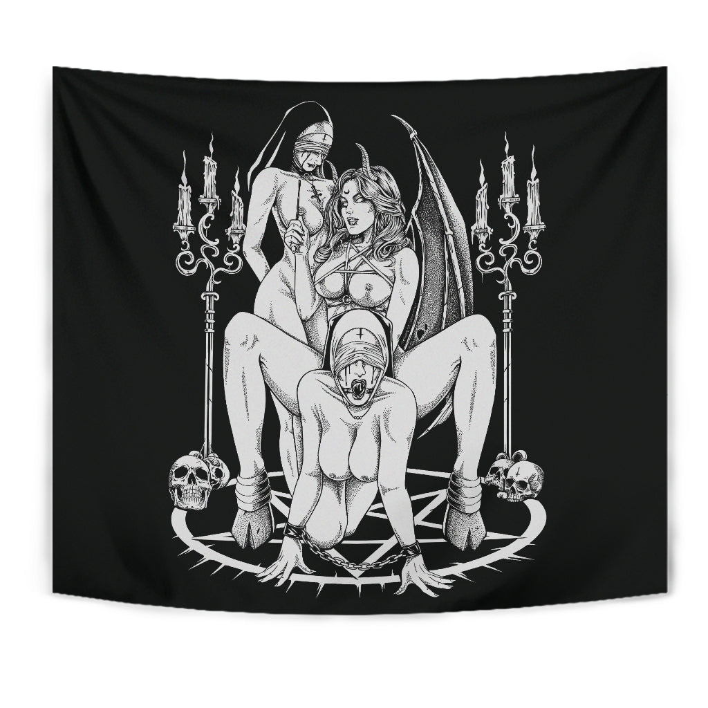 Skull Satanic Pentagram Thorn Candle Satanic Cross Erotic Possession Large Wall Decoration Tapestry Black And White
