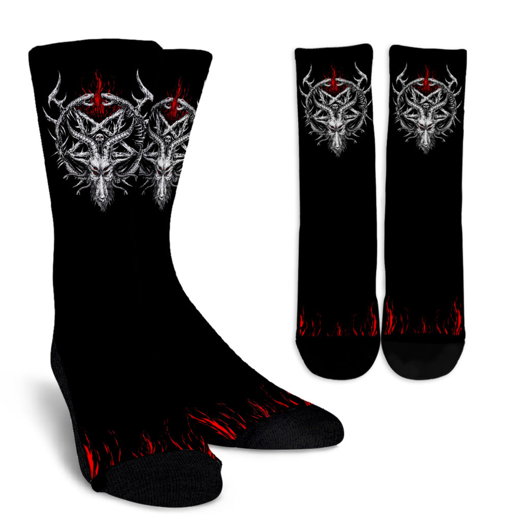 Skull Satanic Pentagram Demon Goat Serpent Flame Crew Socks