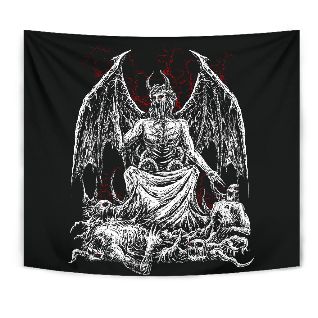 Skull Skeleton Winged Satanic Demon God Large Wall Tapestry Black And White Red