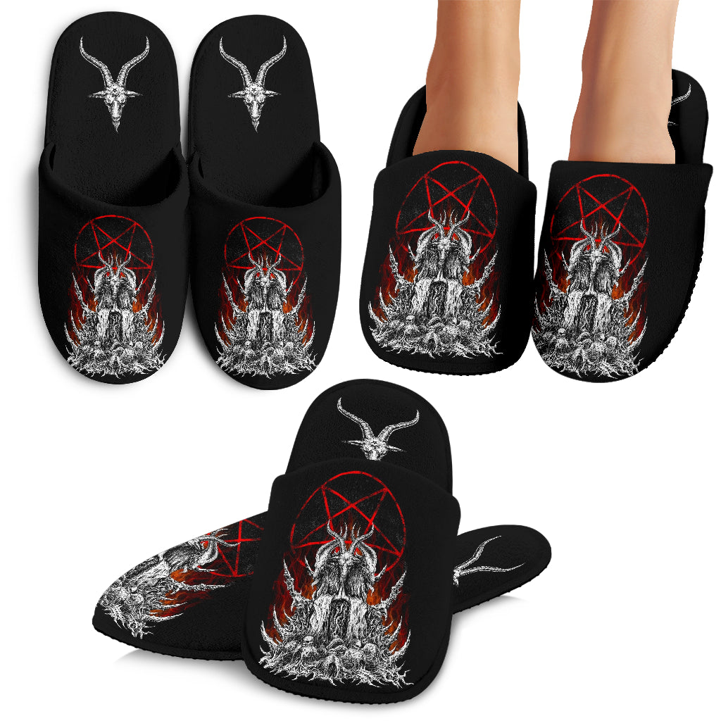 Skull Skeleton Satanic Goat Satanic Pentagram Flame Cozy House Slippers