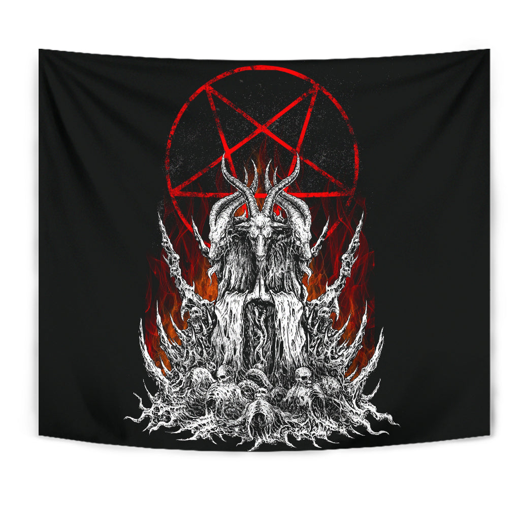 Skull Satanic Goat Satanic Pentagram Flame Large Wall Tapestry