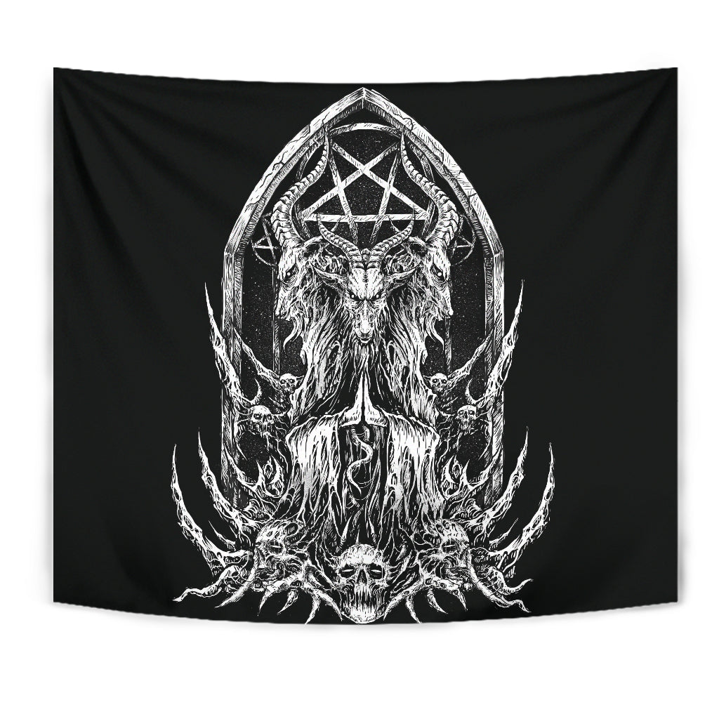 Skull Satanic Goat Satanic Pentagram Shrine Large Tapestry Black And White