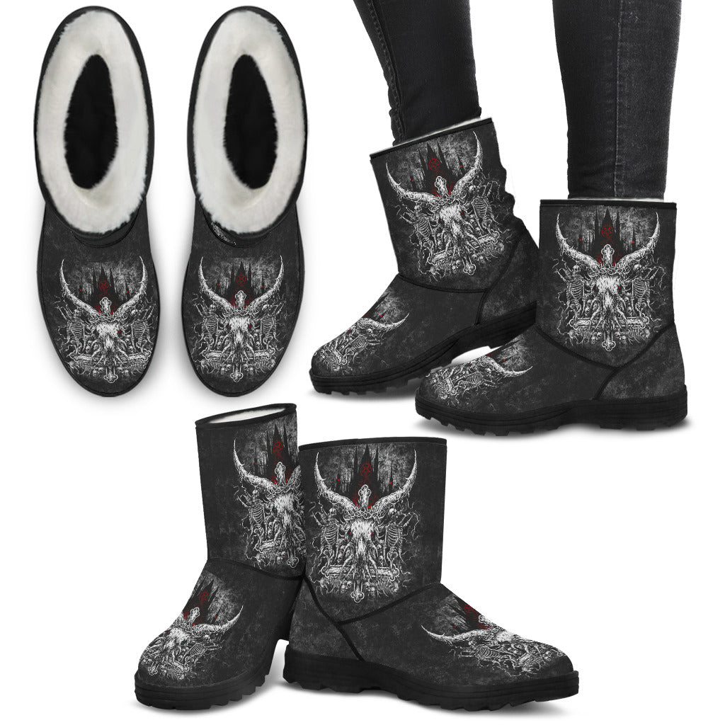 Skull Satanic Crowned Goat Satanic Cross Satanic Pentagram Night Church New Skull Faux Fur Boots