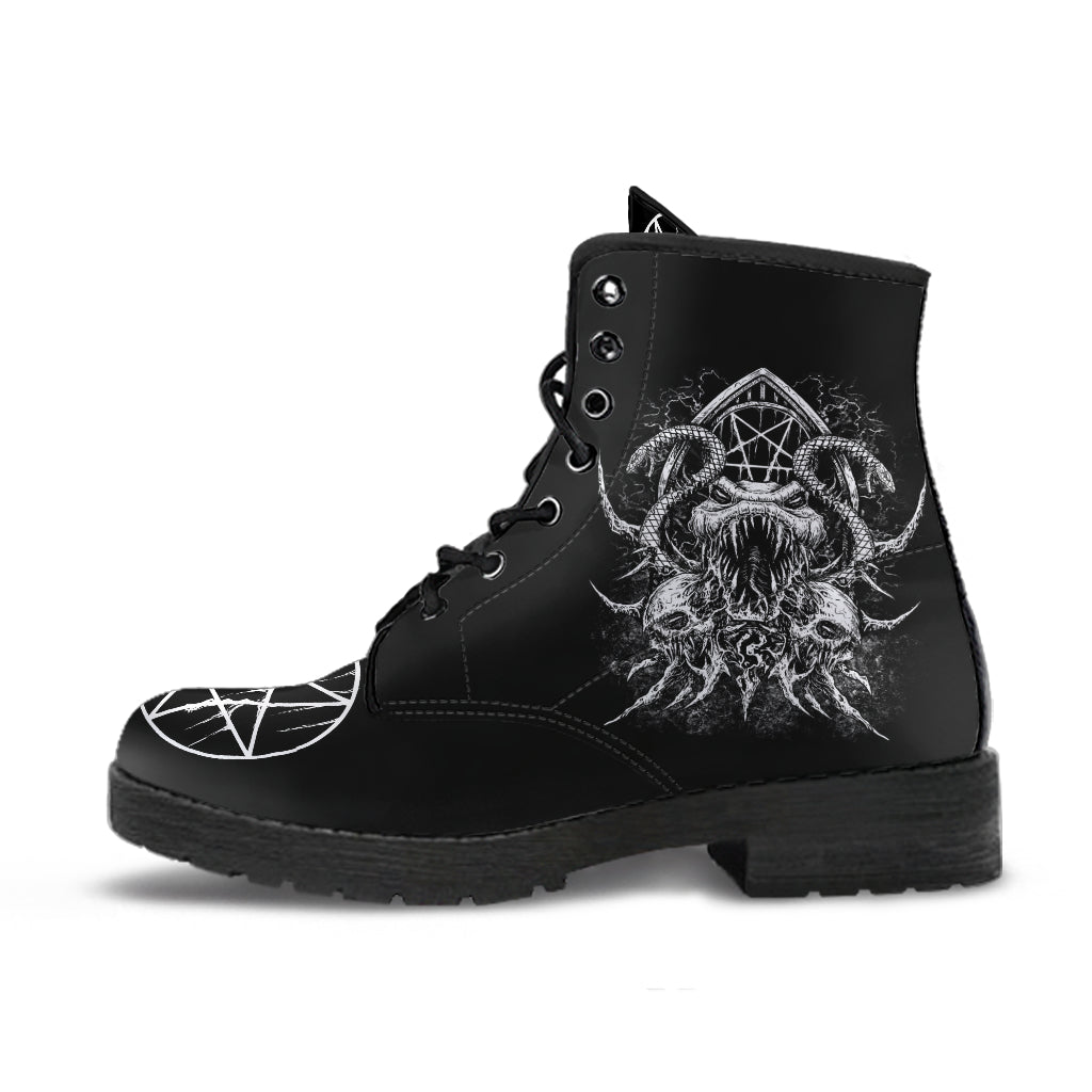 Skull Satanic Pentagram Serpent Leather Boots Black And White