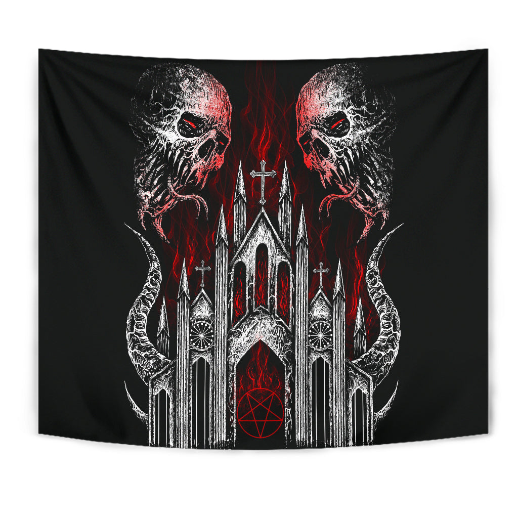 Skull Demon Satanic Pentagram Flame Church Large Tapestry Black And White Flame Color Version