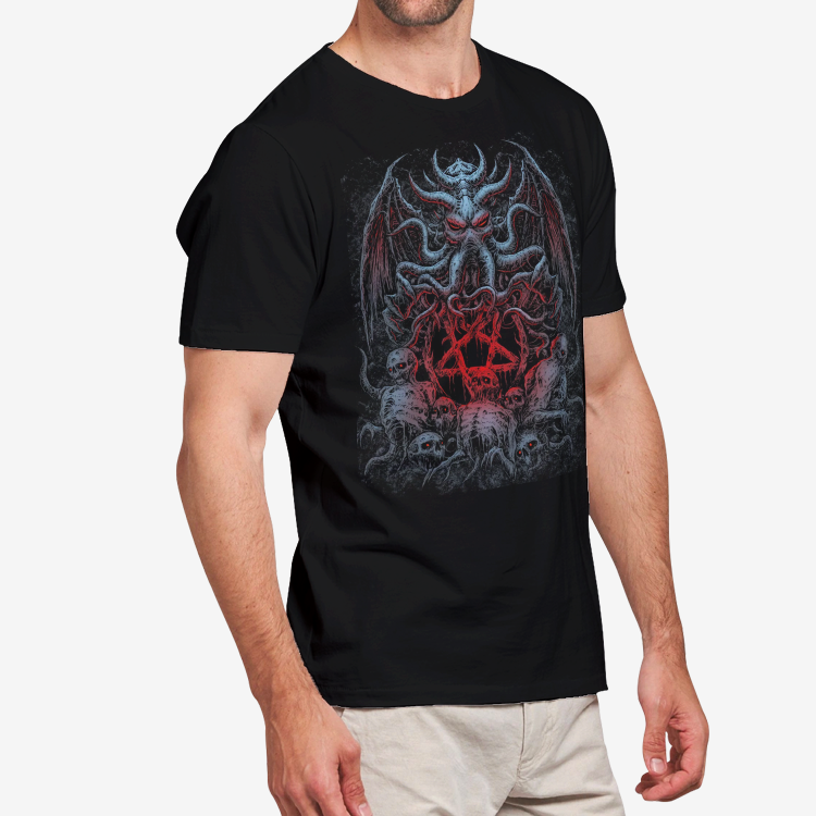 Skull Skeleton Demon Octopus Satanic Pentagram Men's Heavy Cotton Adult T-Shirt Color Version