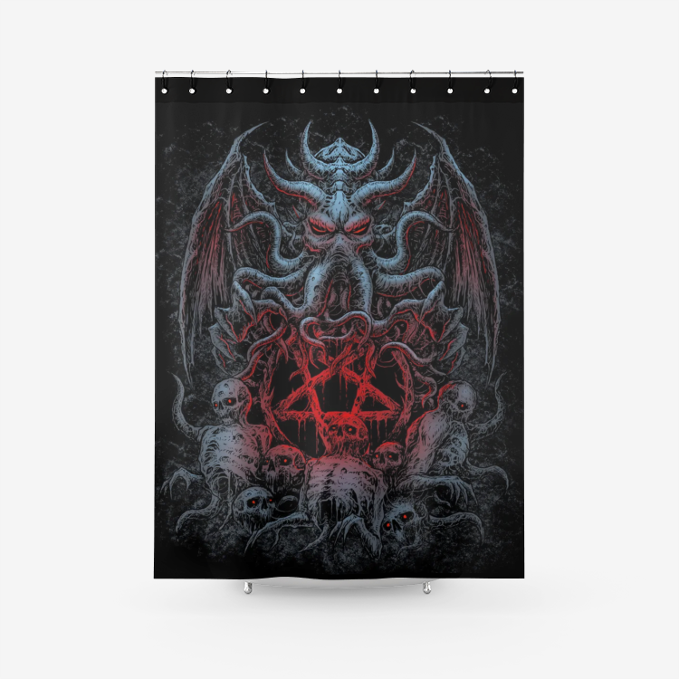 Skull Skeleton Demon Octopus Satanic Pentagram Textured Fabric Shower Curtain Color Red Pentagram