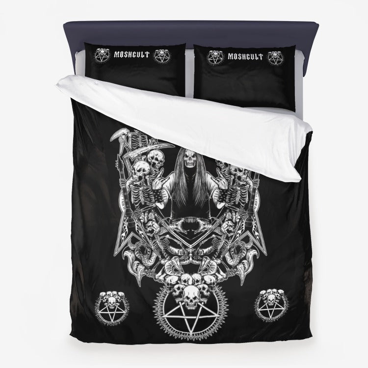Metalbreed Skull Pentagram Guitar Microfiber Duvet 3 Piece Bed Set Black And White