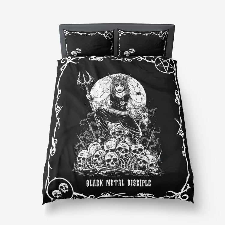 Skull Inverted Pentagram Black Metal Devil Woman Black Metal Disciple 3 Piece Duvet Set