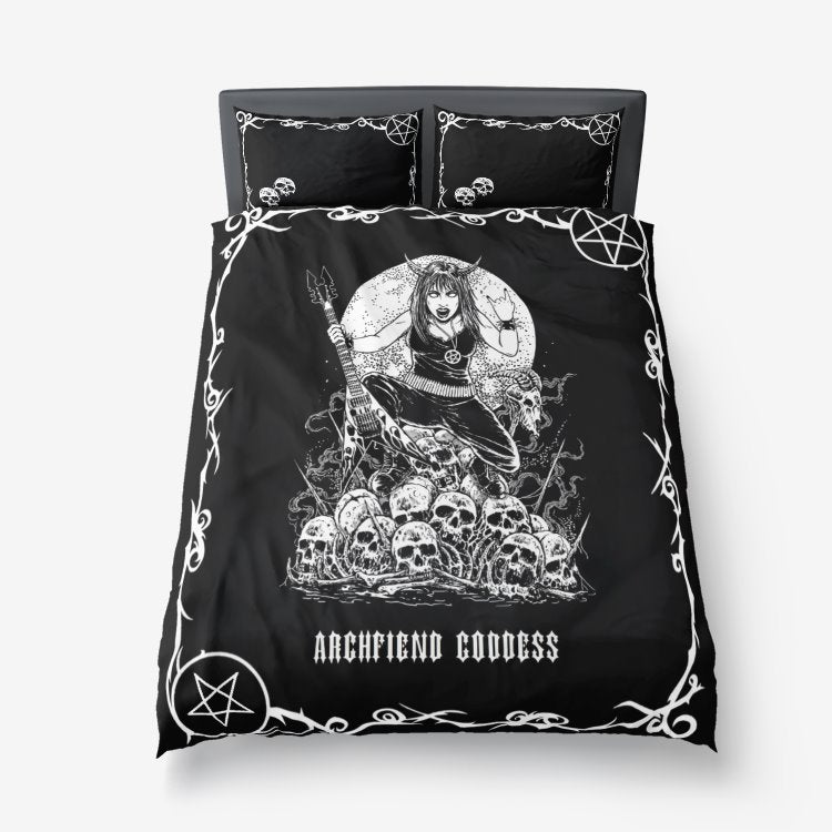 Arch Fiend Goddess Skull Inverted Pentagram Guitar Thrash Metal Death Metal Heavy Metal Music Devil Woman 3 Piece Duvet Set