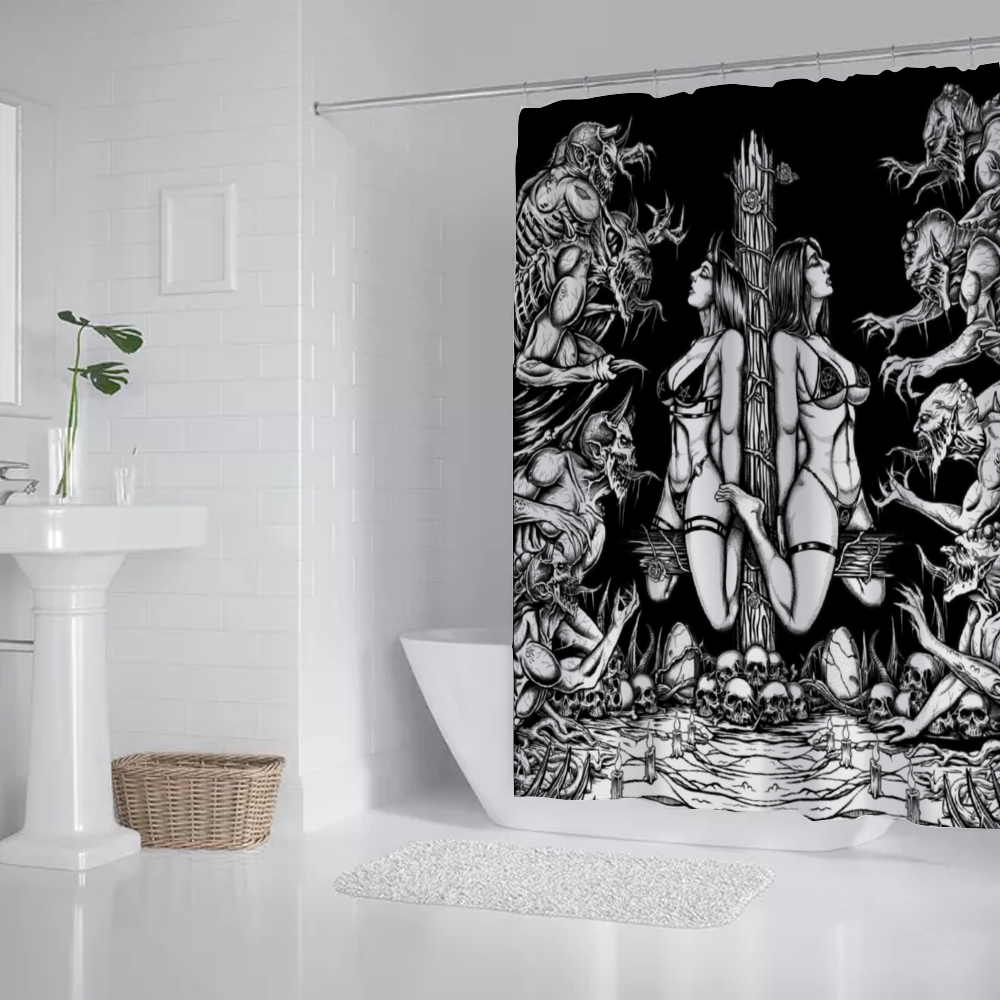 Skull Satanic Wood Inverted Cross Demon blitzkrieg Custom Waterproof Shower Curtain 71" x 69"