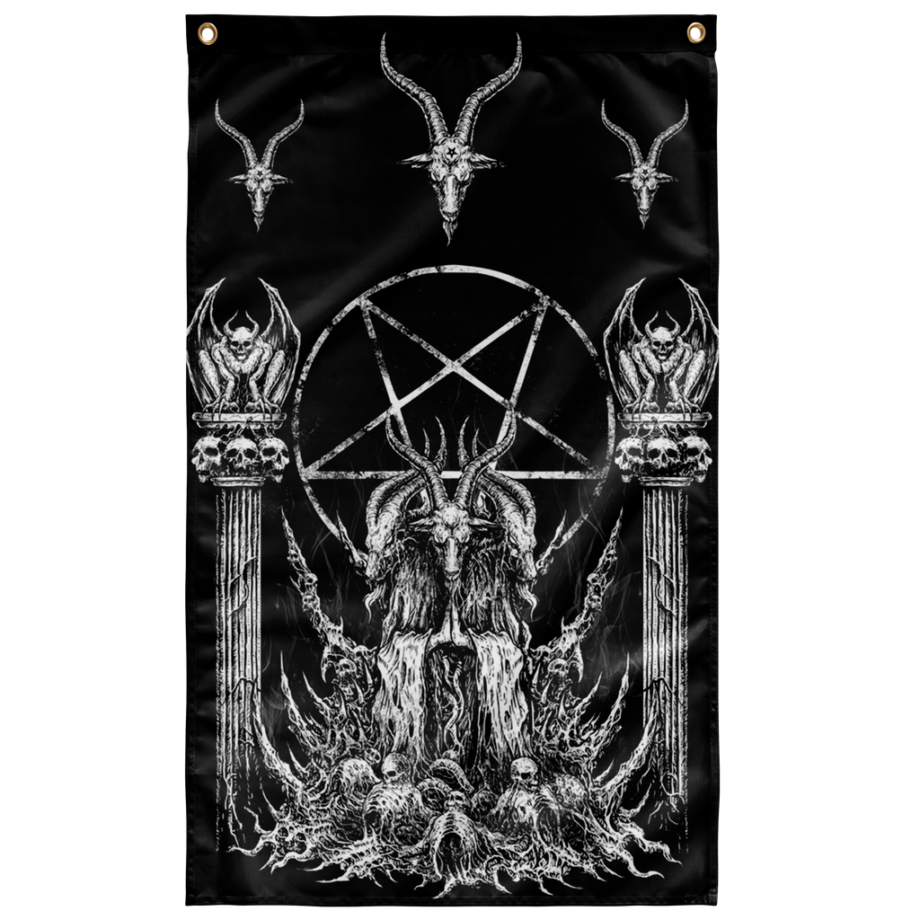 Skull Satanic Goat Satanic Pentagram Shrine Wall Flack Black Background Version