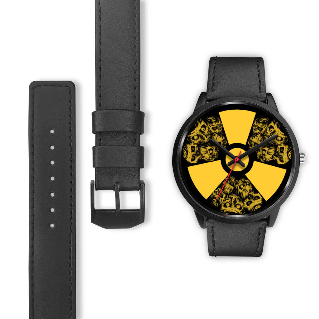 Black Leather Black Metal Mesh Black Link yellow skull watch