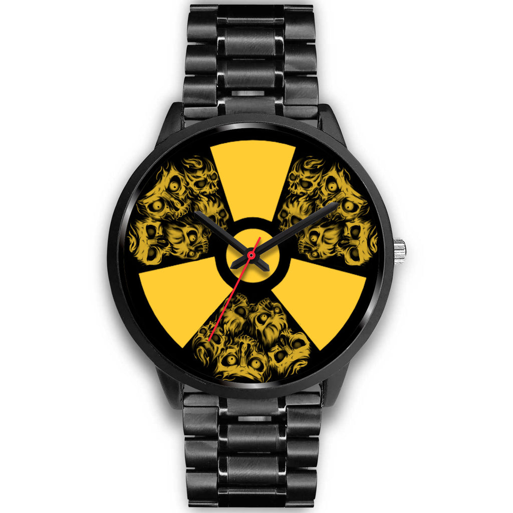 Black Leather Black Metal Mesh Black Link yellow skull watch