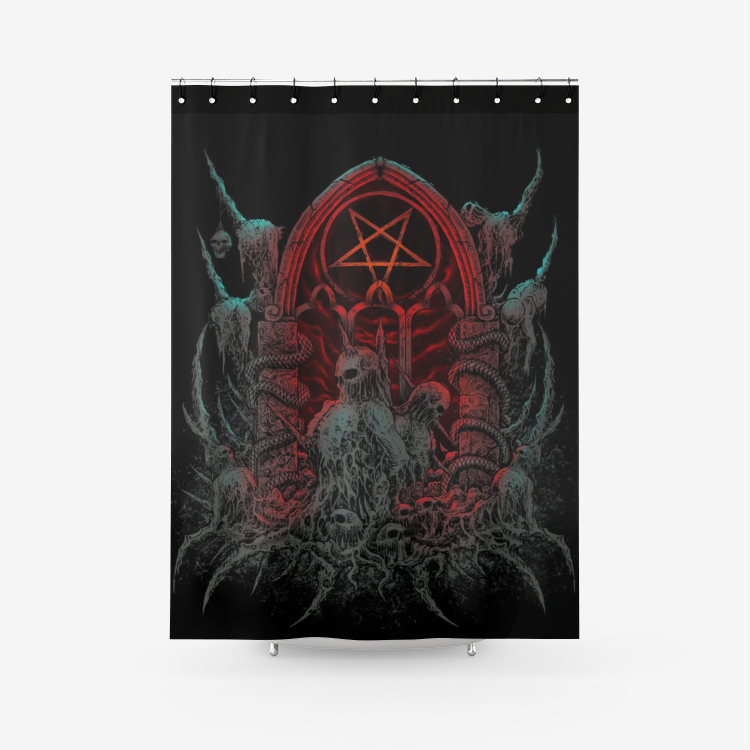 Skull Skeleton Satanic Flame Pentagram Shrine Textured Fabric Shower Curtain Color Version