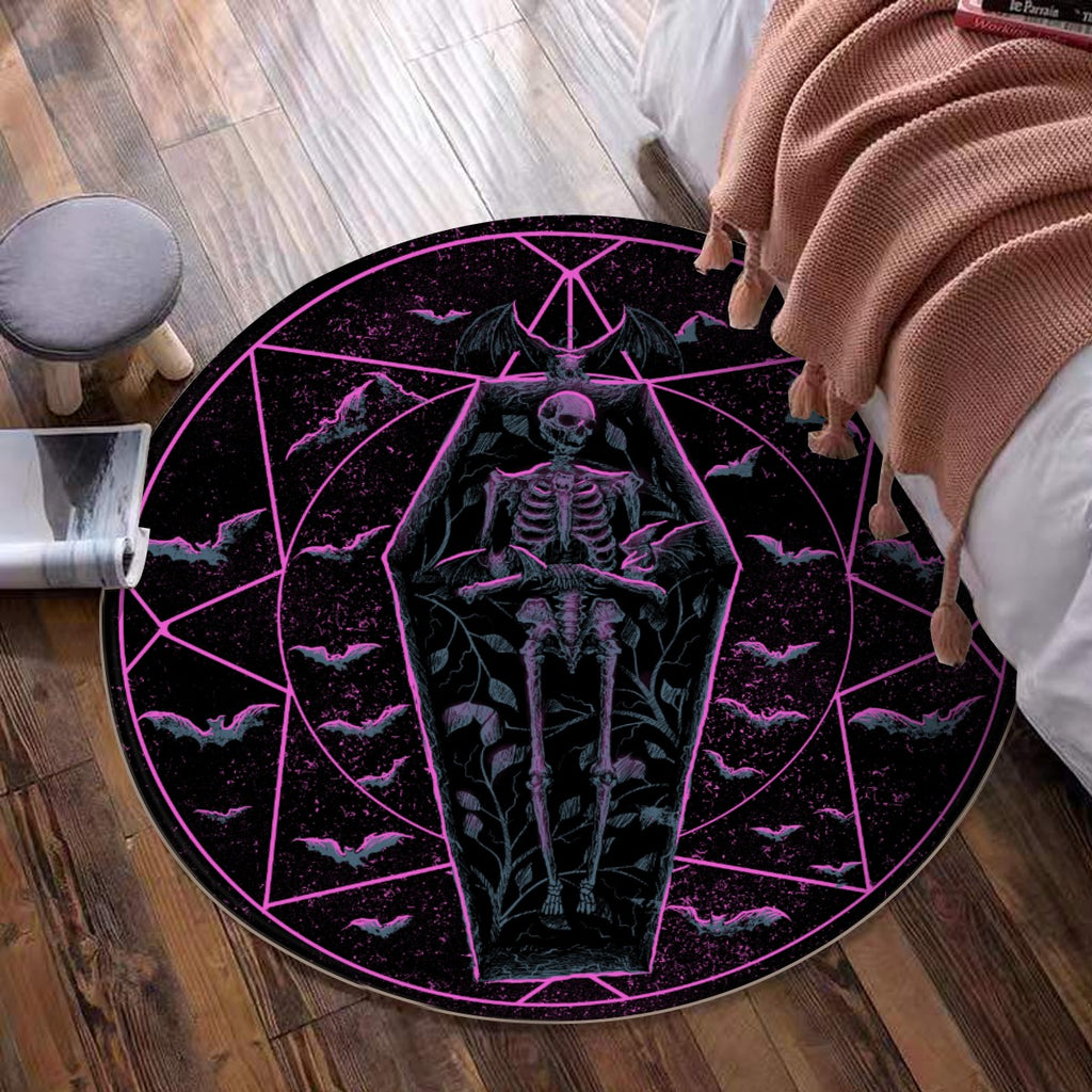 Bat Skull Skeleton Coffin Shrine Foldable Round Mat Awesome Blue Pink