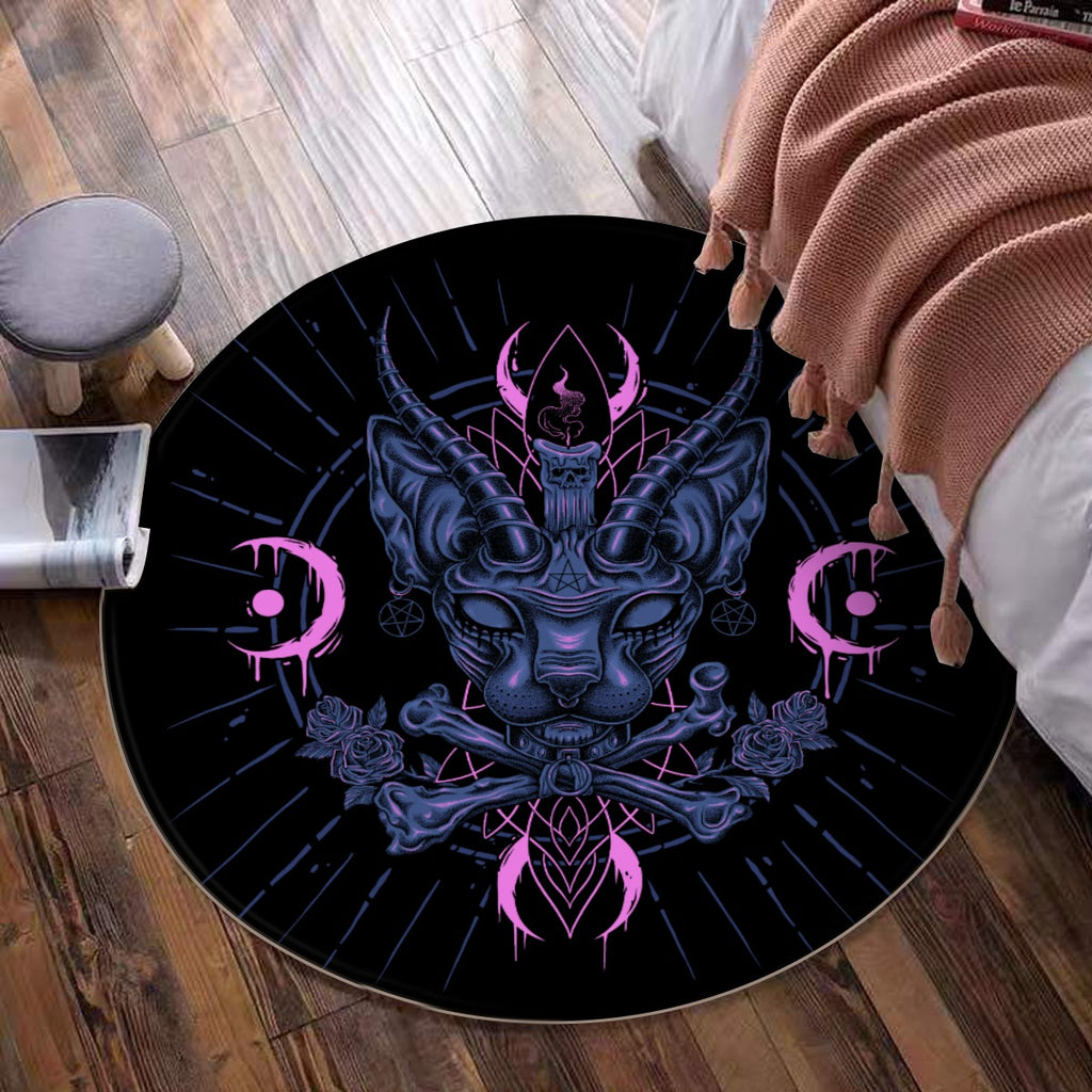 Skull Gothic Occult Black Cat Unique Sphinx Style Part 2 Foldable Round Mat Awesome Demonic Eye Blu