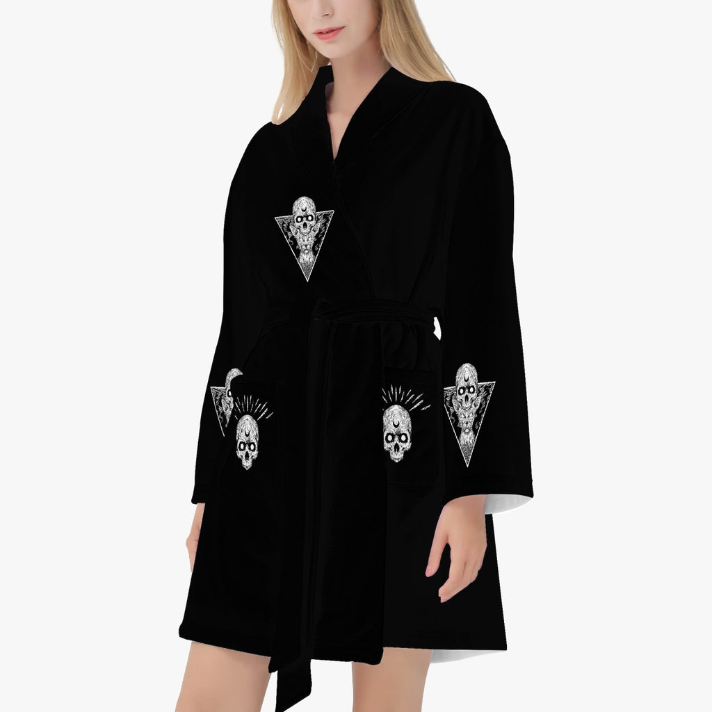 Skull Occult Batwing  Goth Cat Women's Loose-fitting Bathrobe Black And White Version