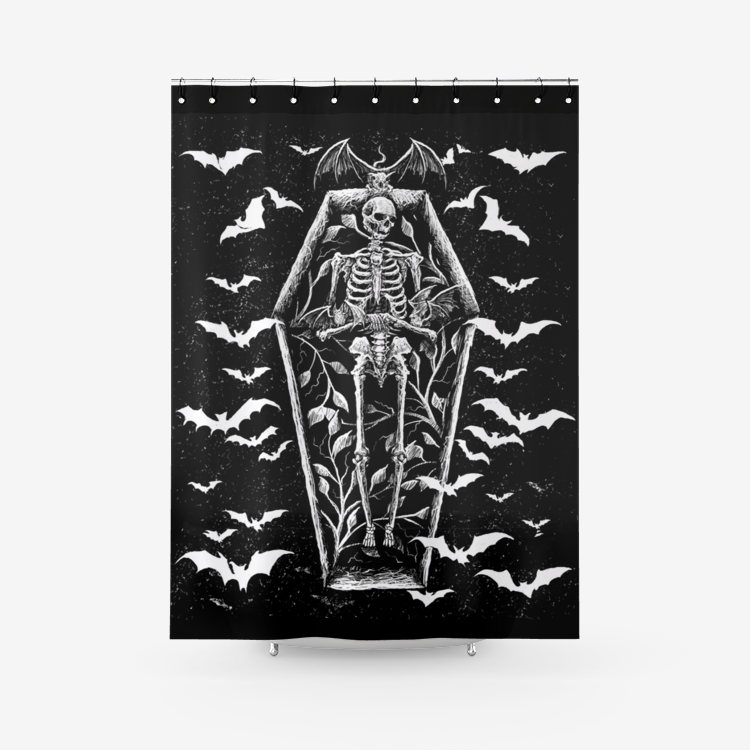 Bat Skull Skeleton Coffin Shrine Textured Fabric Shower Curtain