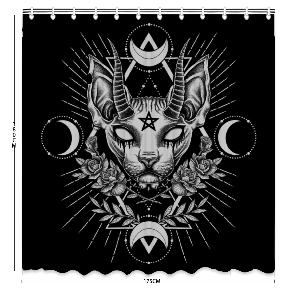 Gothic Occult Black Cat Unique Sphinx Style Awesome Demon White Eye Shower Curtain 71" x 69"