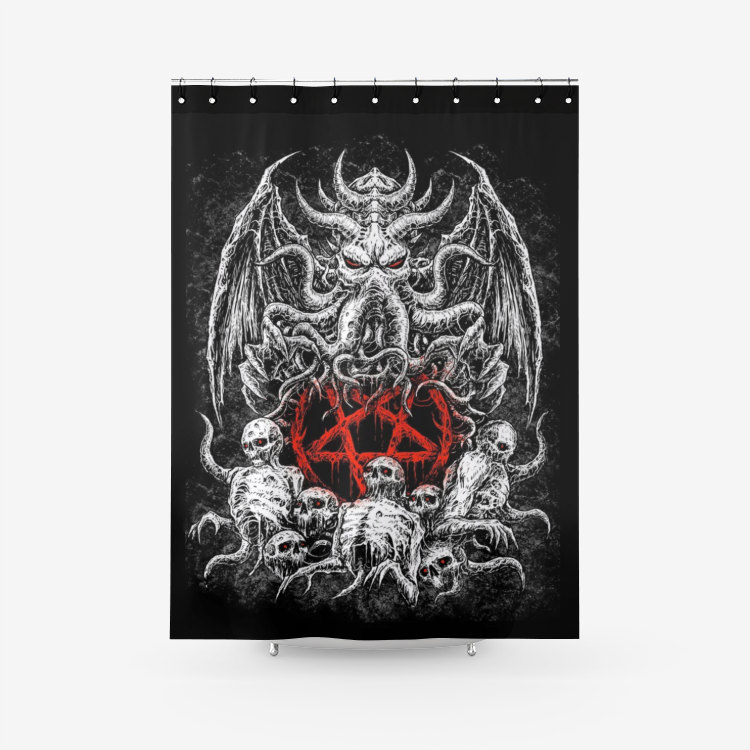 Skull Skeleton Demon Octopus Satanic Pentagram Textured Fabric Shower Curtain Black And White Red Pentagram