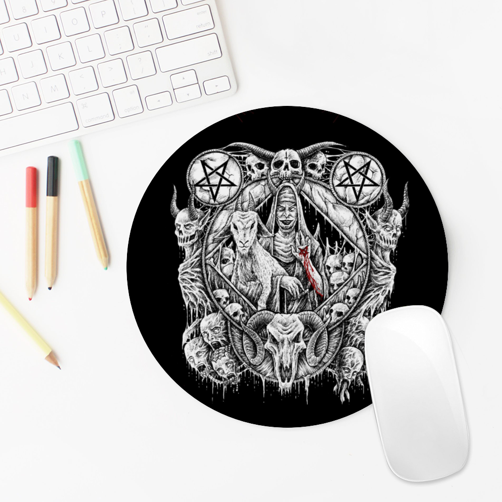 Skull Satanic Pentagram Demon Virgin Nun Goat Round Mouse Pad, Non-Slip Base for Computer, Laptop, Home, Office 7.9" x 7.9"