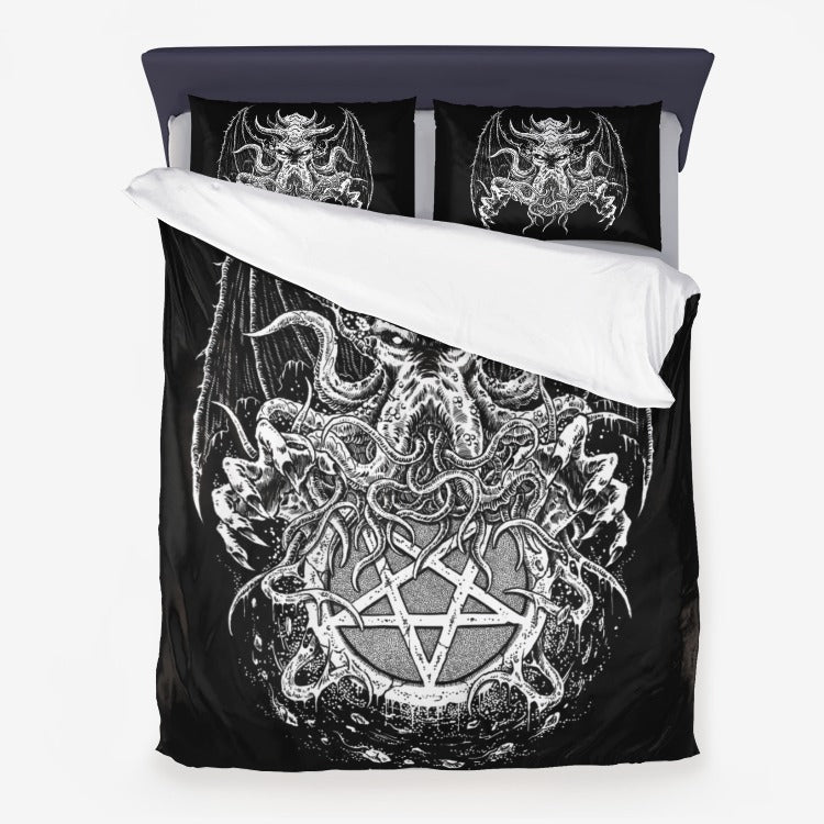 Satanic Inverted Pentagram Demon Skull Octopus 3 Piece Duvet Set