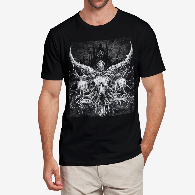 Skull Satanic Crowned Goat Satanic Cross With Satanic Pentagram Night Church Men's Heavy Cotton Adult T-Shirt