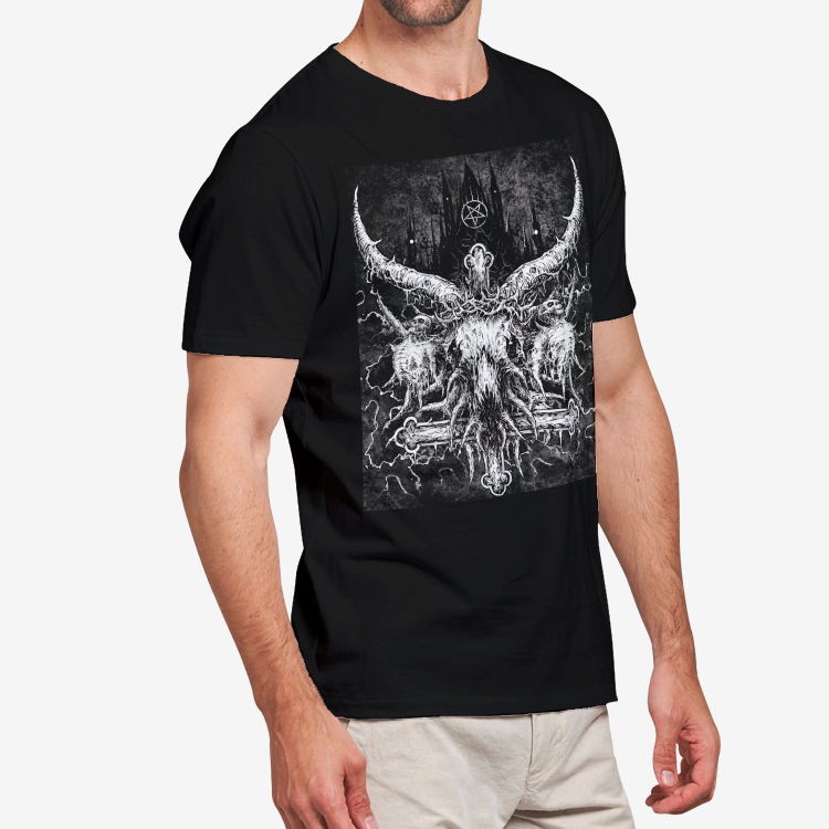 Skull Satanic Crowned Goat Satanic Cross With Satanic Pentagram Night Church Men's Heavy Cotton Adult T-Shirt