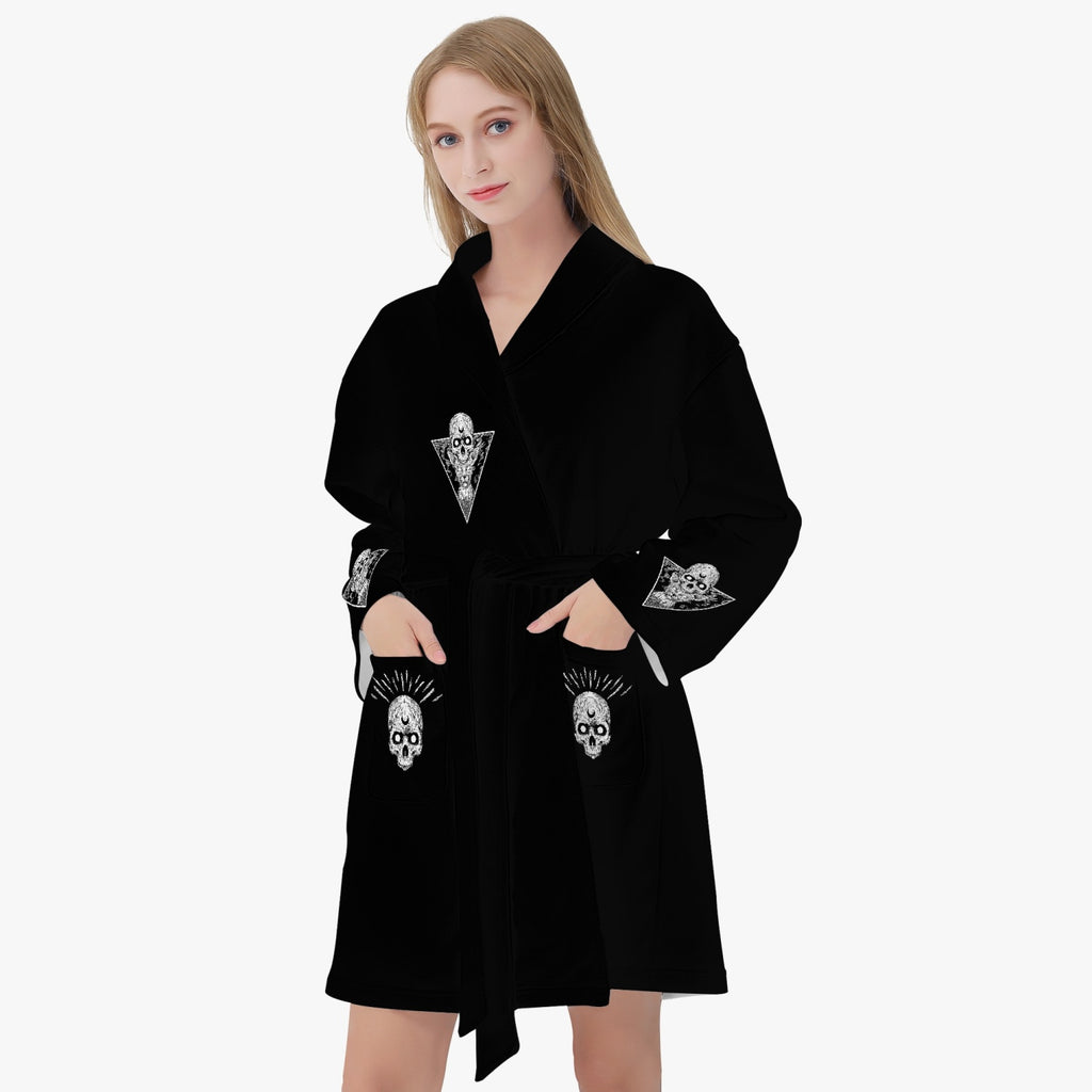 Skull Occult Batwing  Goth Cat Women's Loose-fitting Bathrobe Black And White Version