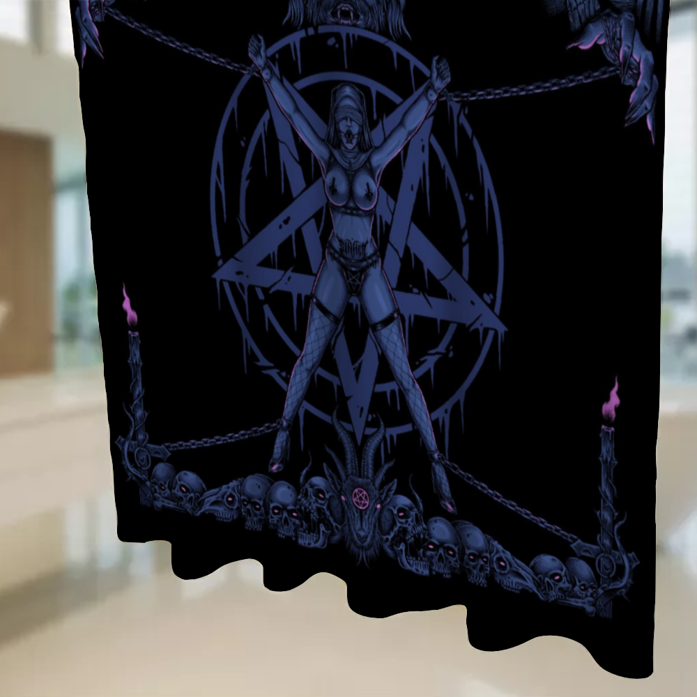 Skull Satanic Pentagram Demon Chained To Sin And Lovin It Part 2 -3 Piece Duvet Set Erotic Blue Pink Shower Curtain 71" x 69"